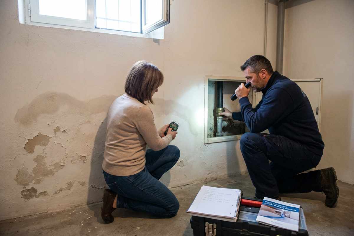 Rilevatore di perdite d'acqua posizionato su un pavimento umido.