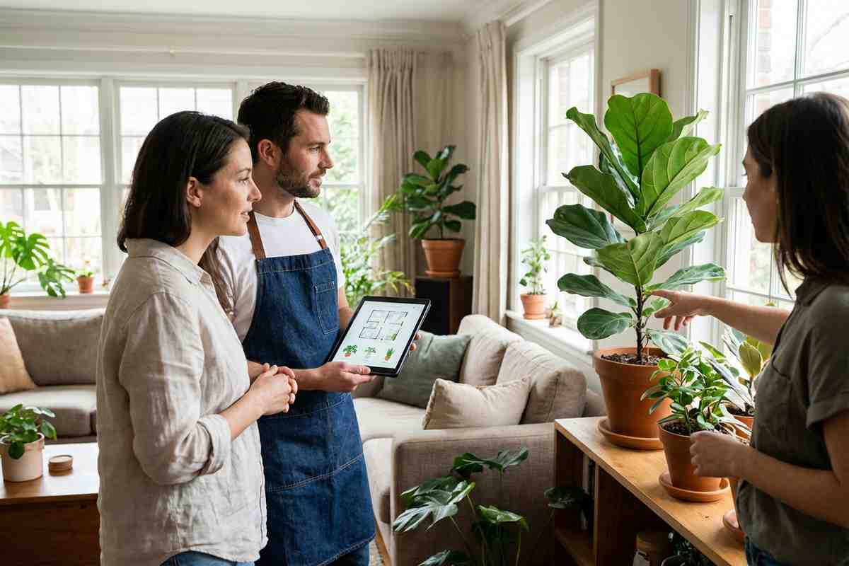 Pianta da appartamento su un tavolino in un soggiorno luminoso.