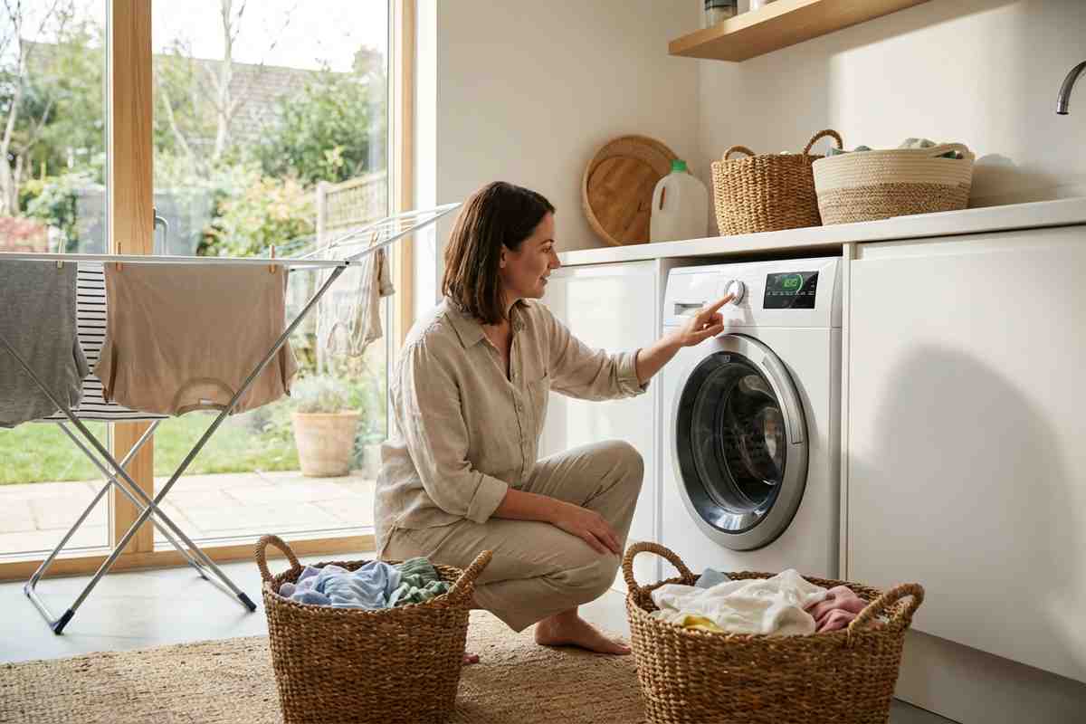 Lavatrice moderna con pannello di controllo digitale.