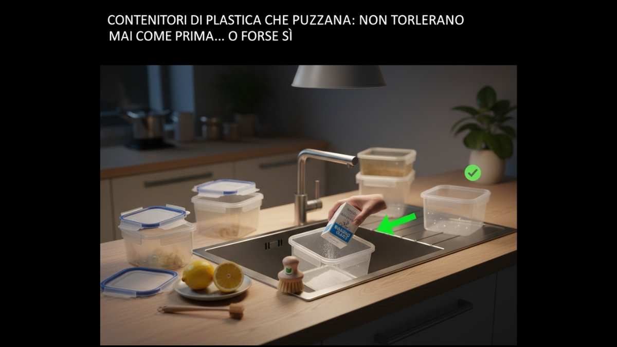 Contenitori di plastica con coperchi colorati su un tavolo.