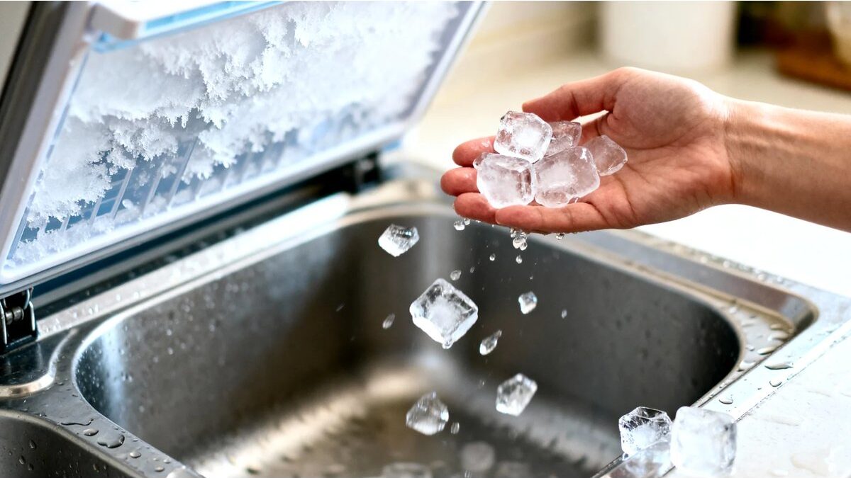 Interno di un congelatore sbrinato con cibi ordinati e meno ghiaccio visibile.