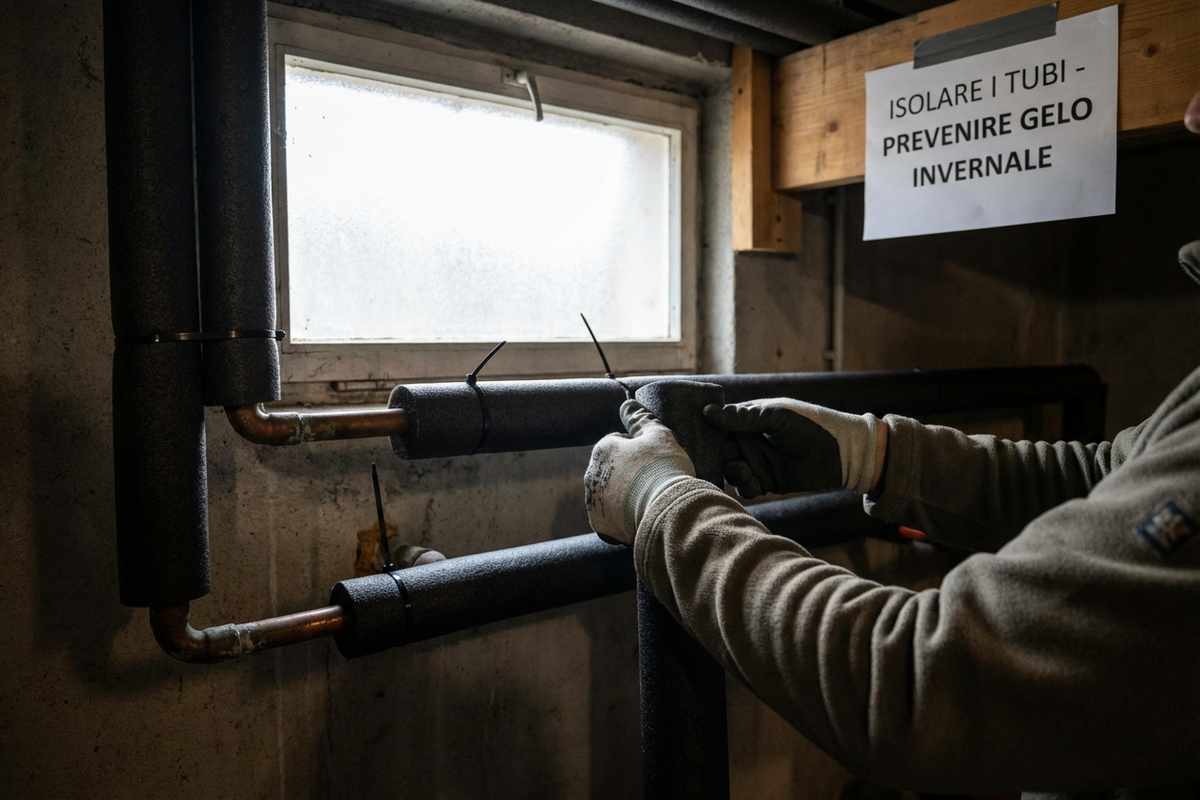 Persona che applica isolamento a un tubo esterno per prevenire il gelo.