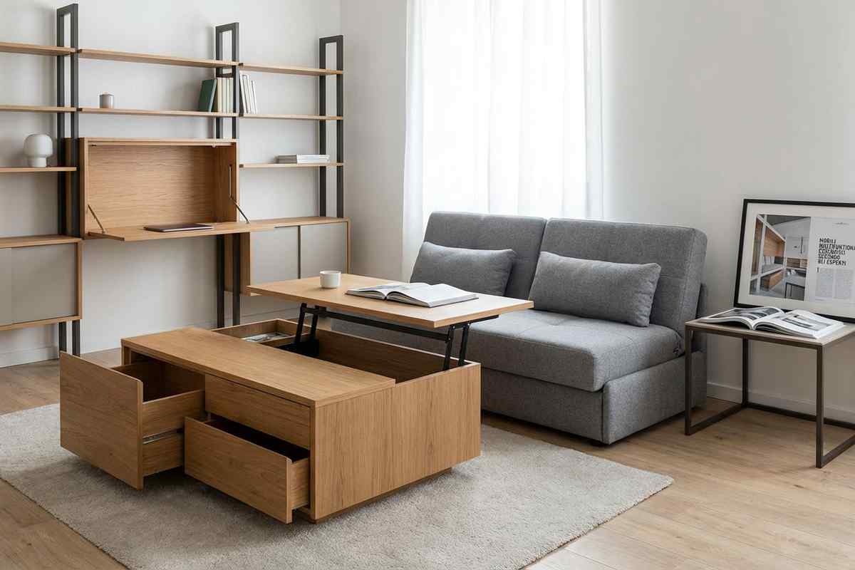 Tavolino da caffè trasformabile in scrivania con scaffali integrati.