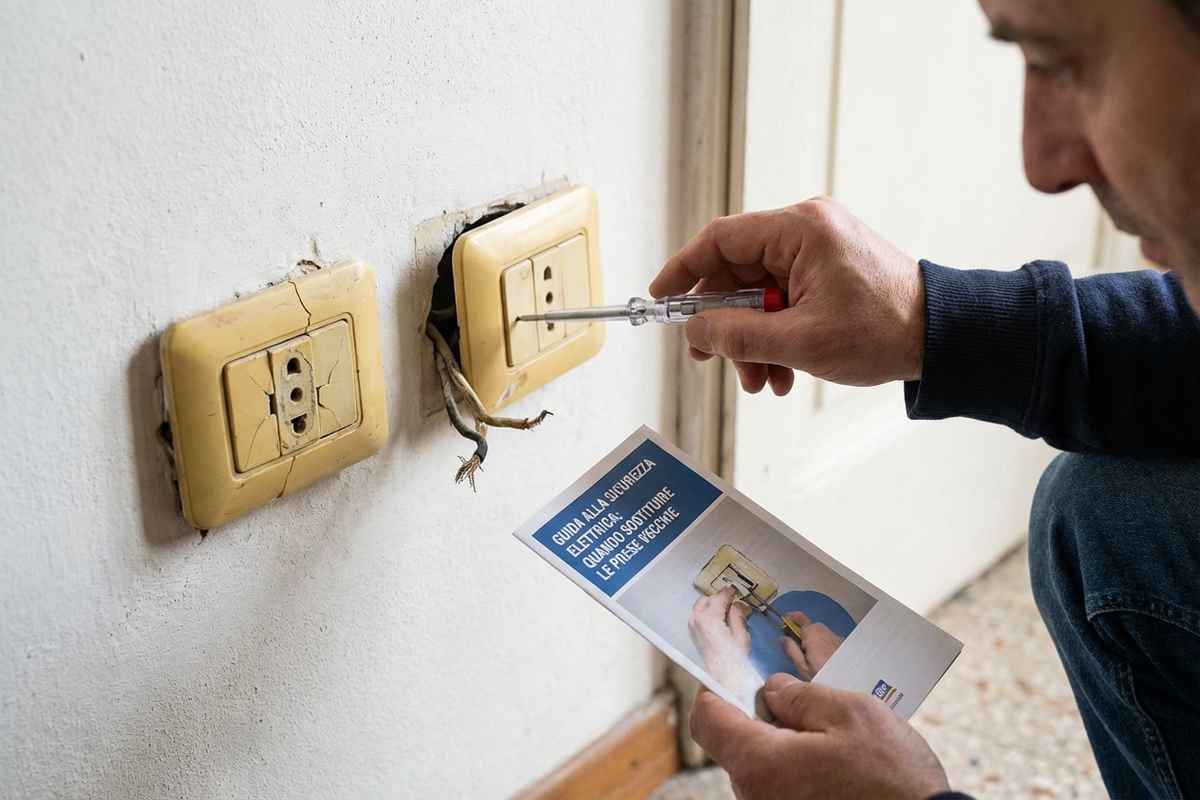 Tecnico sostituisce una vecchia presa elettrica con una nuova.