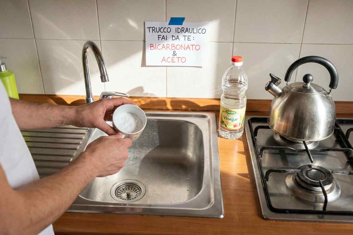 Versare bicarbonato di sodio nello scarico della cucina.