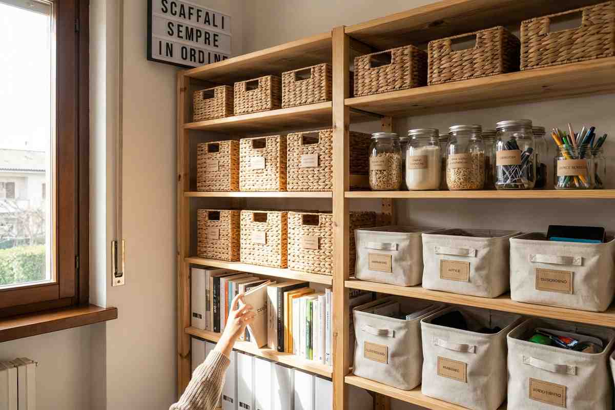 Scaffali ordinati con oggetti disposti per colore e dimensione.