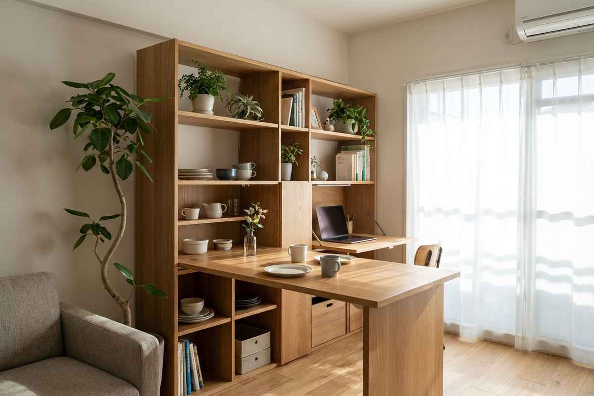 Letto a scomparsa integrato in un armadio in un appartamento compatto.