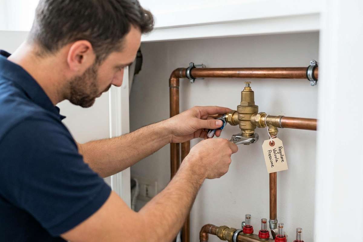 Valvola di riduzione della pressione dell'acqua installata su un tubo.