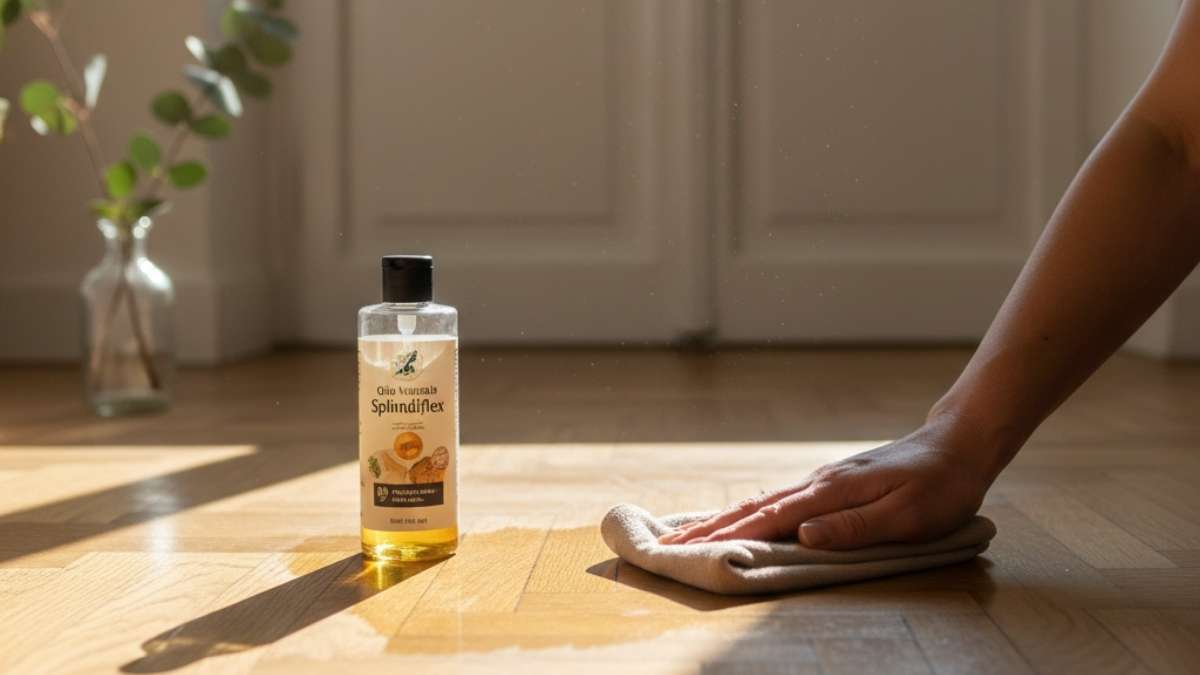 Bottiglia di aceto bianco accanto a pavimento in parquet lucido.