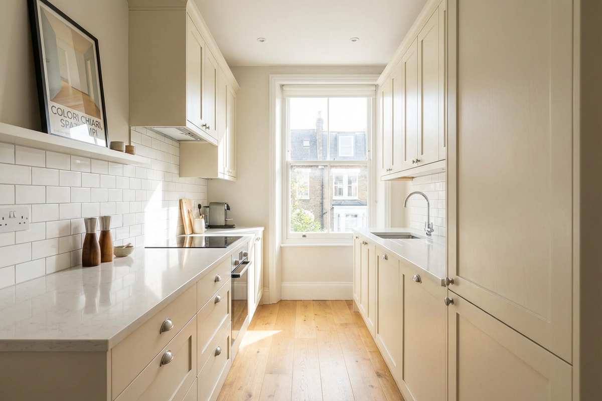 Interno luminoso con pareti bianche e mobili chiari in piccolo soggiorno.