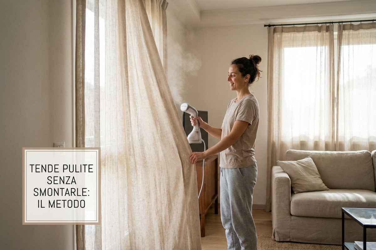 Donna pulisce le tende con un aspirapolvere portatile.