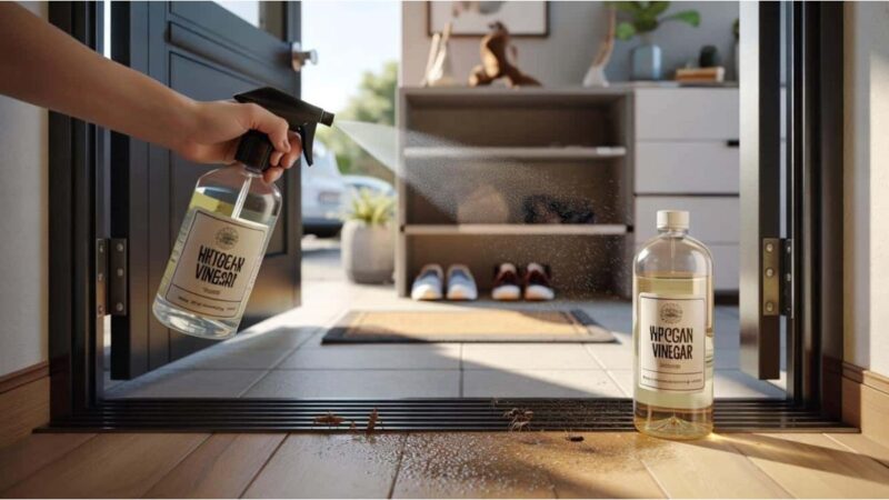 Bottiglia di aceto vicino alla porta d'ingresso di una casa.