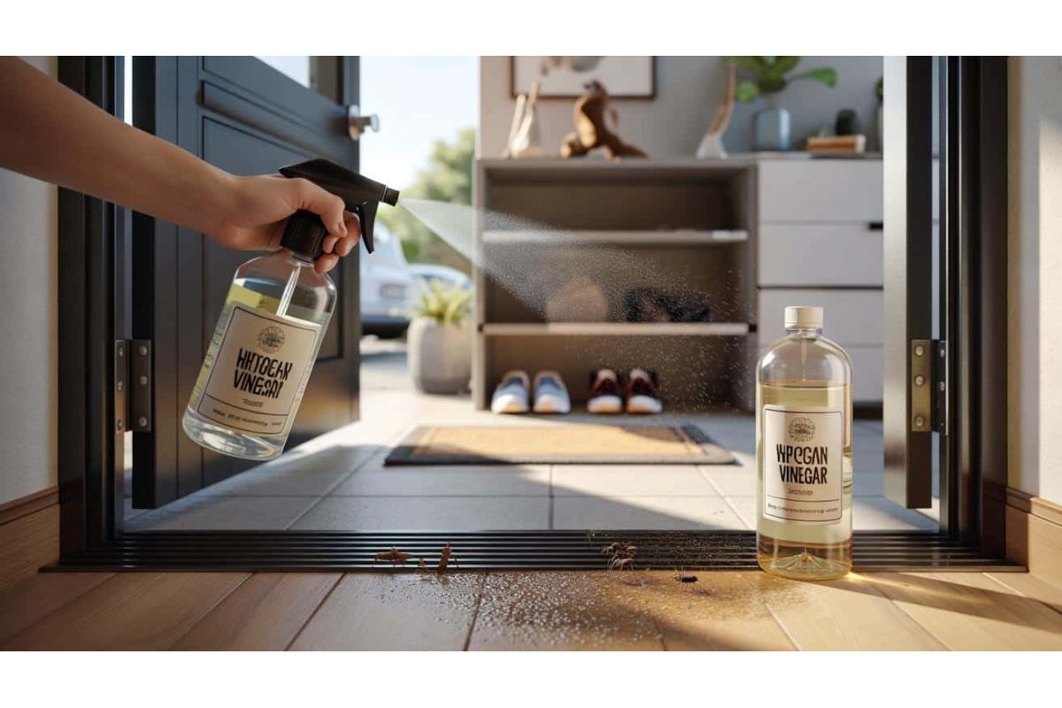 Bottiglia di aceto vicino alla porta d'ingresso di una casa.