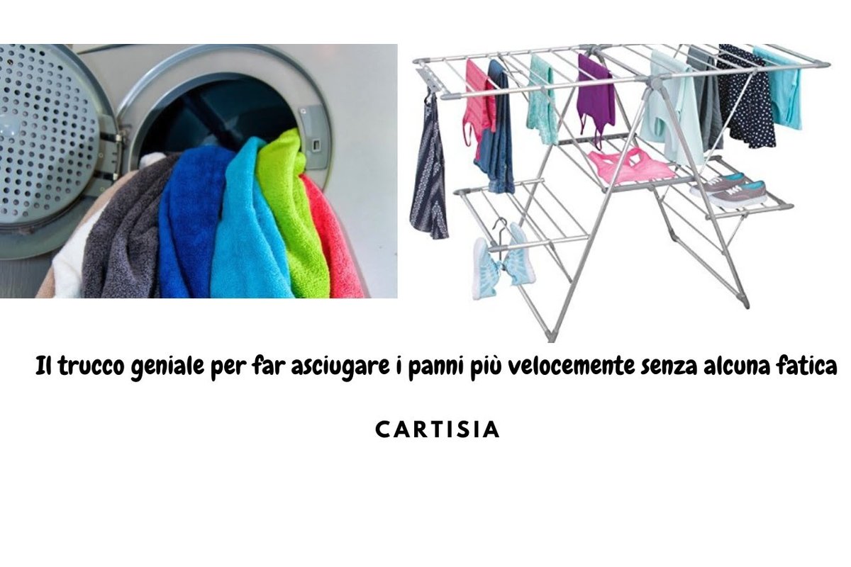 Panni bagnati appesi su uno stendibiancheria all'interno di una stanza.
