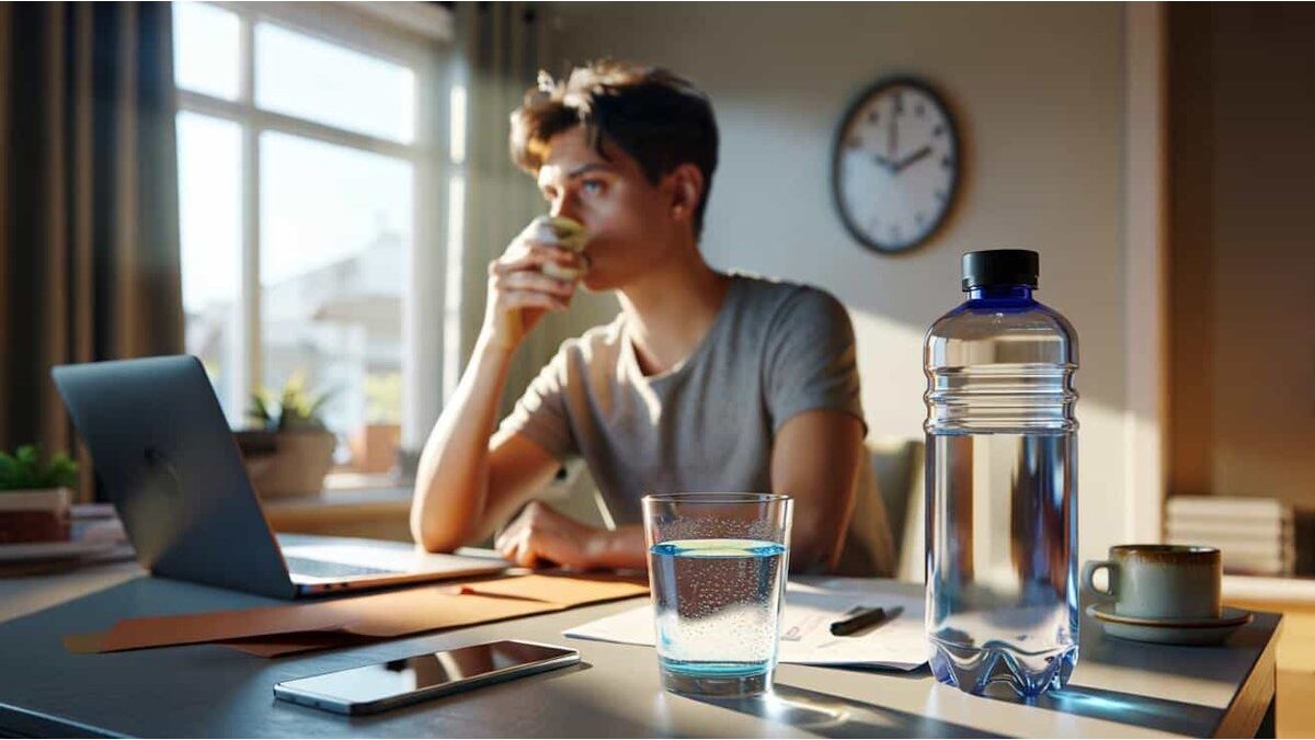 Persona che beve un bicchiere d'acqua in ufficio
