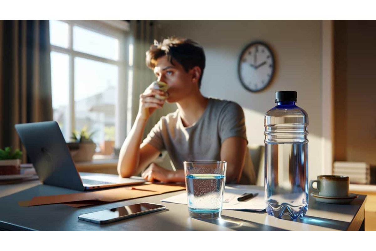 Persona che beve un bicchiere d'acqua in ufficio