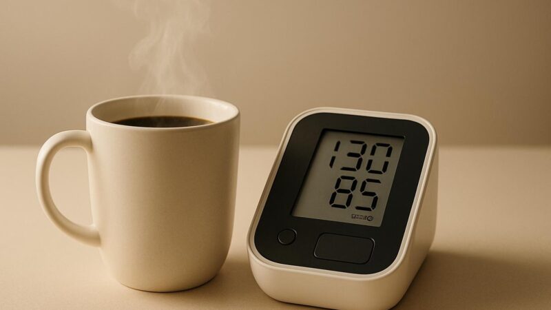 Tazza di caffè fumante su un tavolo con uno stetoscopio accanto.