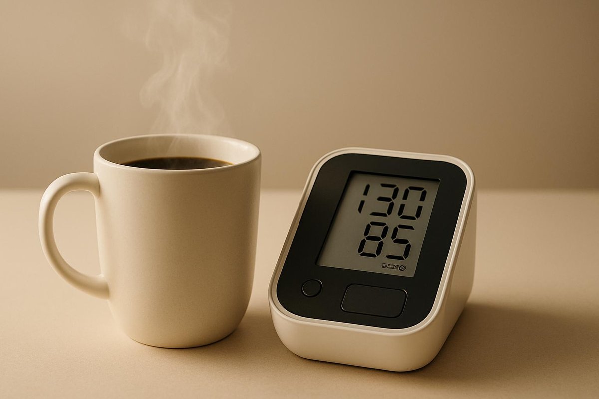 Tazza di caffè fumante su un tavolo con uno stetoscopio accanto.