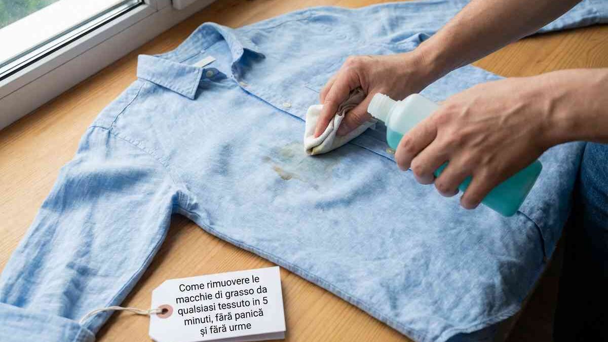 Mani che applicano detergente su tessuto macchiato di grasso.