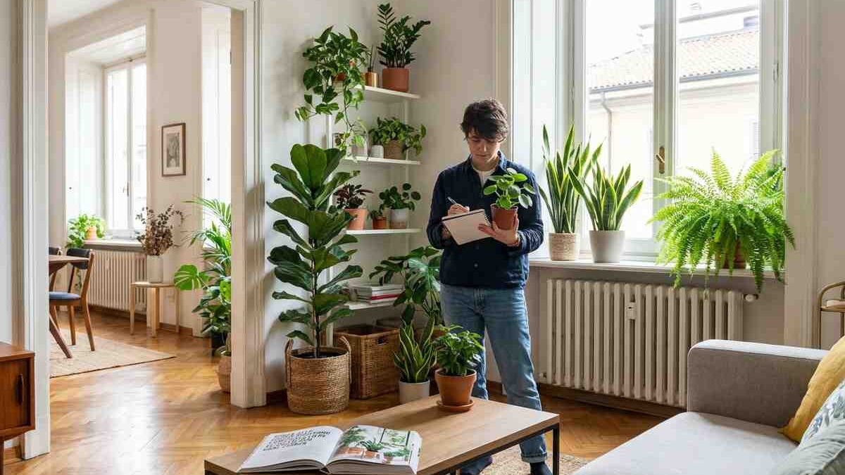 Piante verdi in un soggiorno luminoso con arredi moderni.