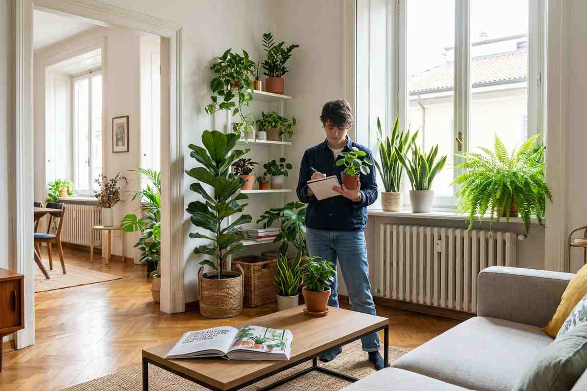 Piante verdi in un soggiorno luminoso con arredi moderni.