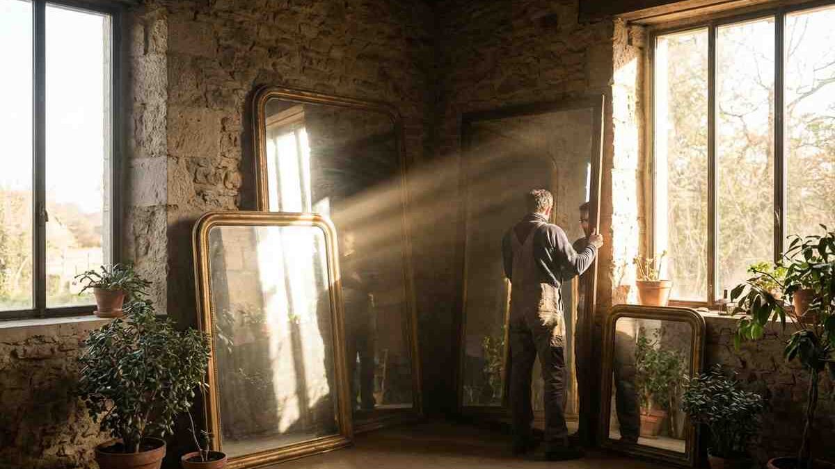 Specchio che riflette la luce solare in una stanza luminosa.