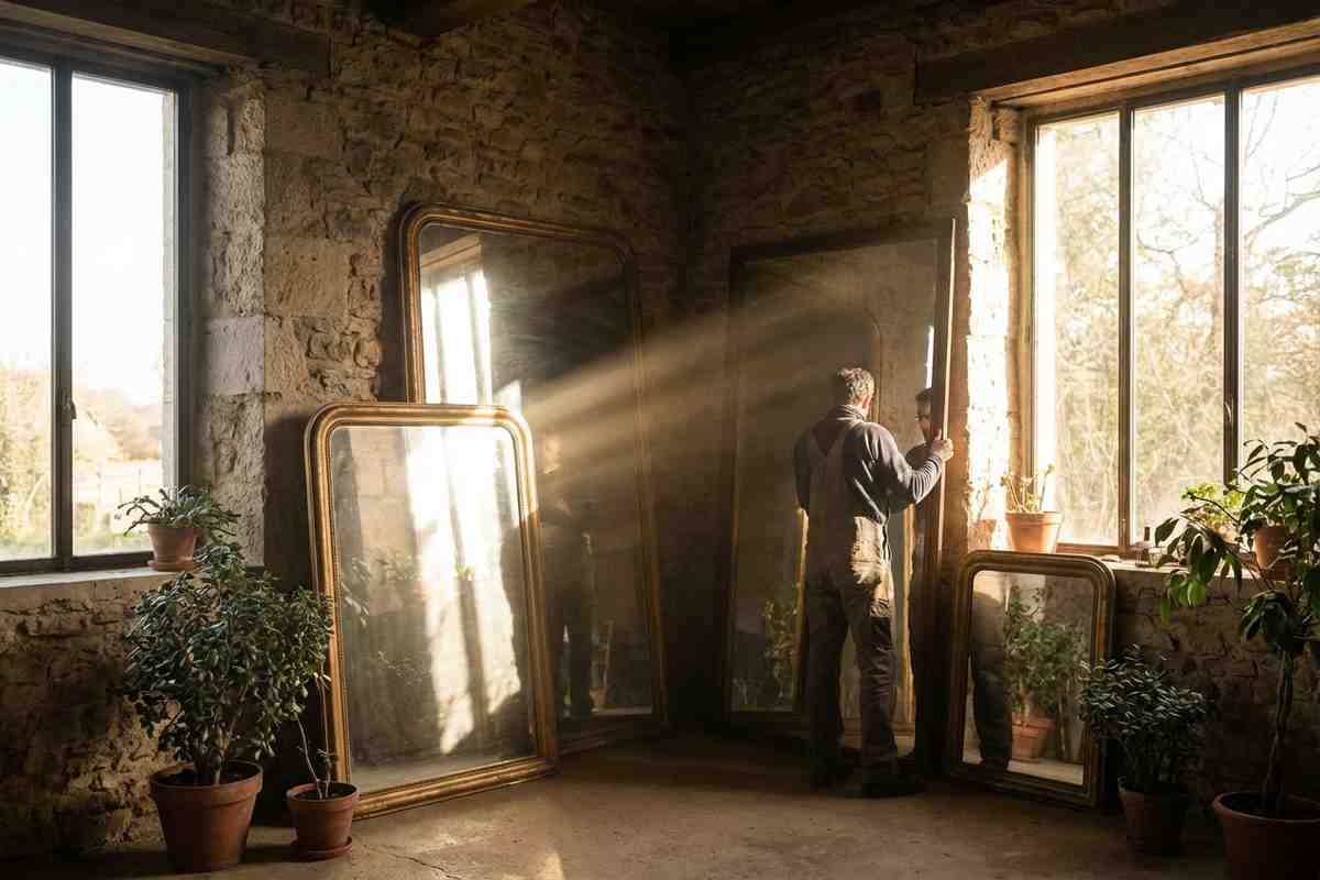 Specchio che riflette la luce solare in una stanza luminosa.