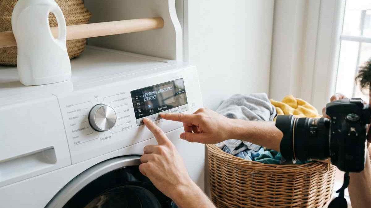 Lavatrice moderna con impostazioni ecologiche visibili sul display