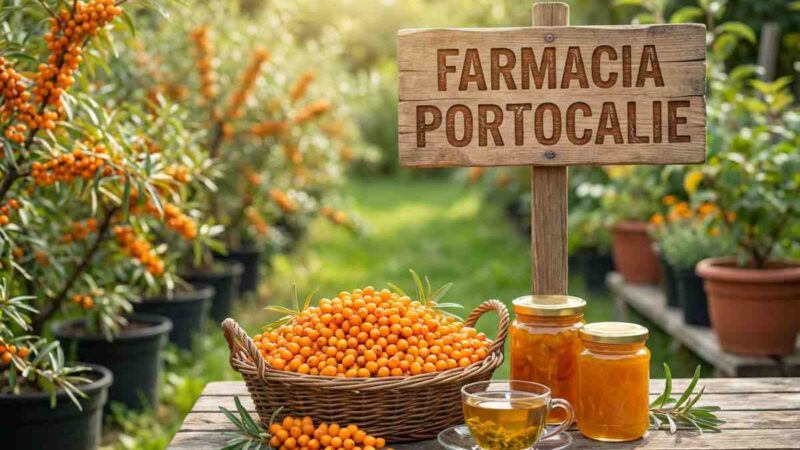 Bacche di catina di mare su un ramo verde