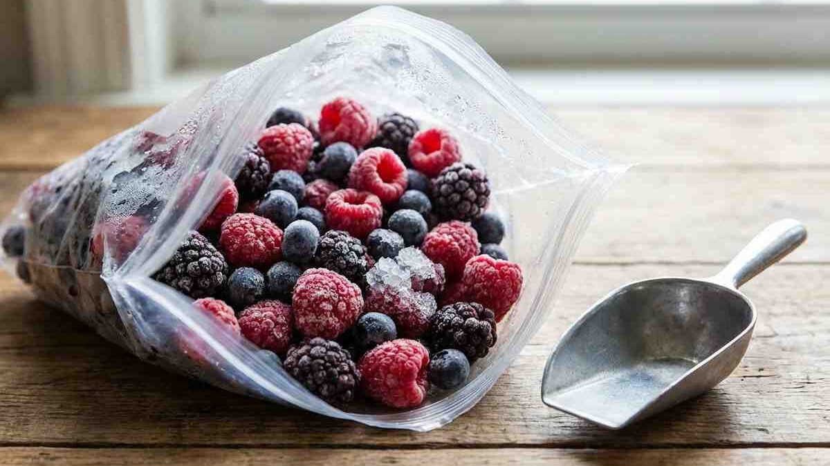 Frutti di bosco congelati in un sacchetto trasparente su un tavolo di legno
