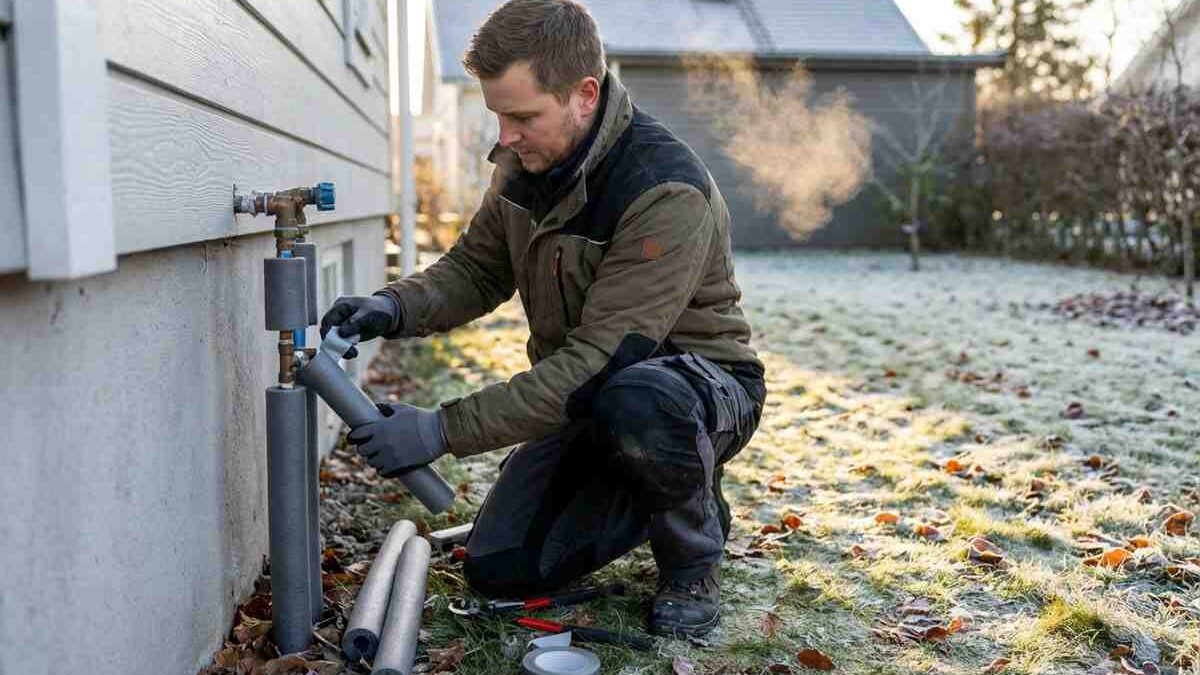 Mani che applicano isolamento su un tubo d'acqua per prevenire il gelo.