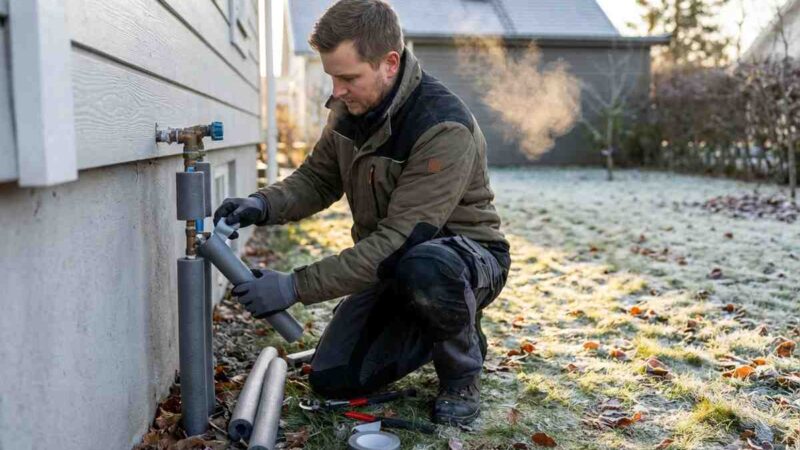 Mani che applicano isolamento su un tubo d'acqua per prevenire il gelo.