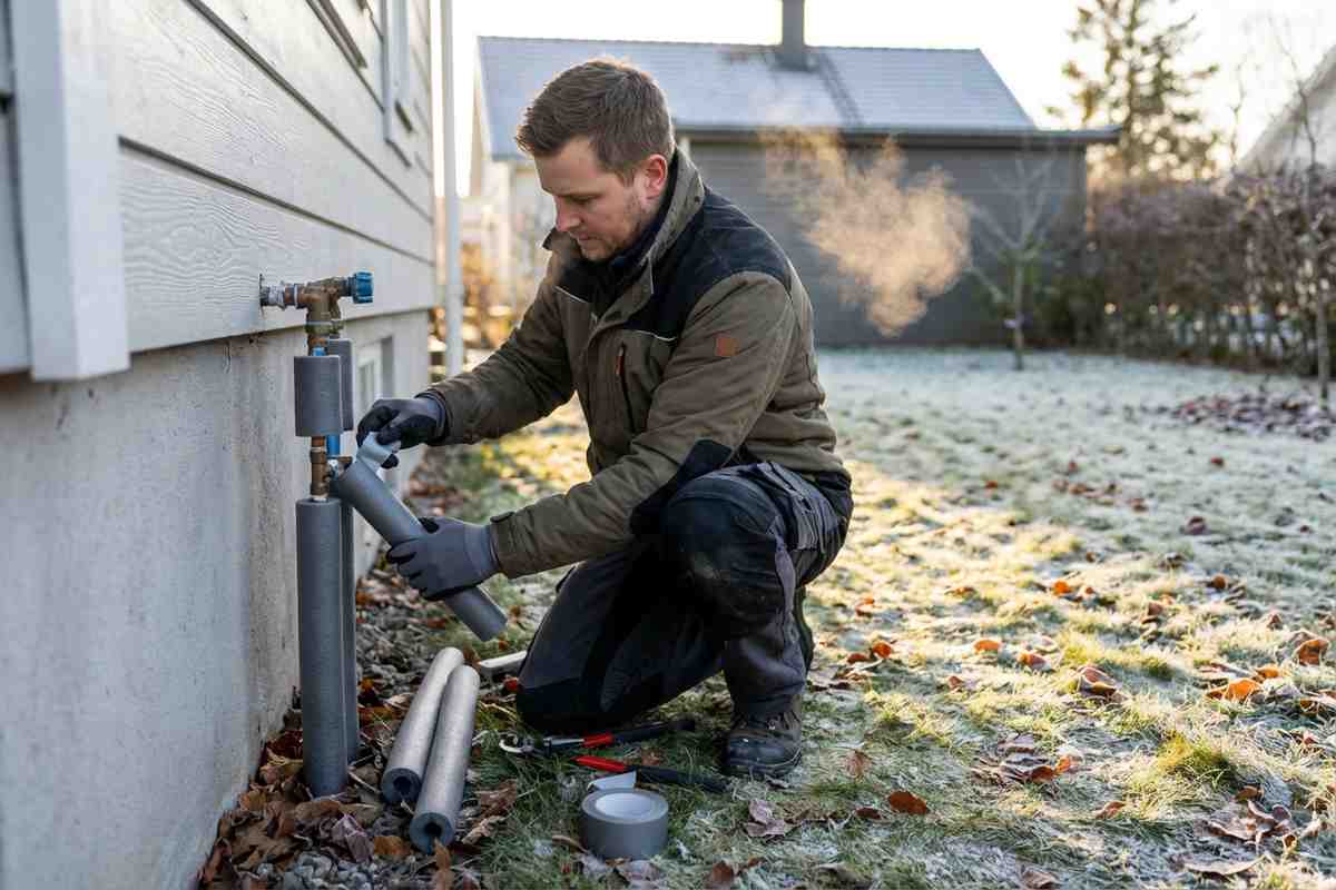 Mani che applicano isolamento su un tubo d'acqua per prevenire il gelo.