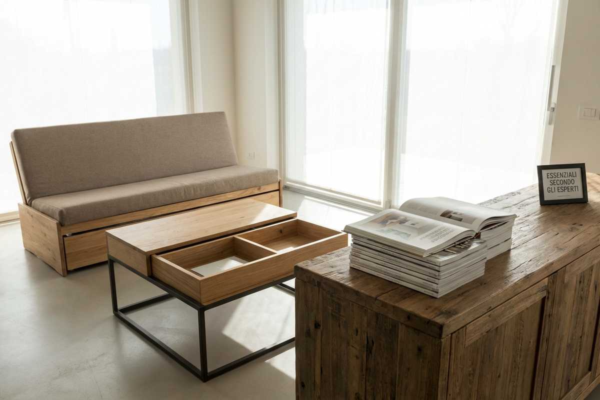 Tavolino da caffè trasformabile in scrivania con spazio di archiviazione integrato.