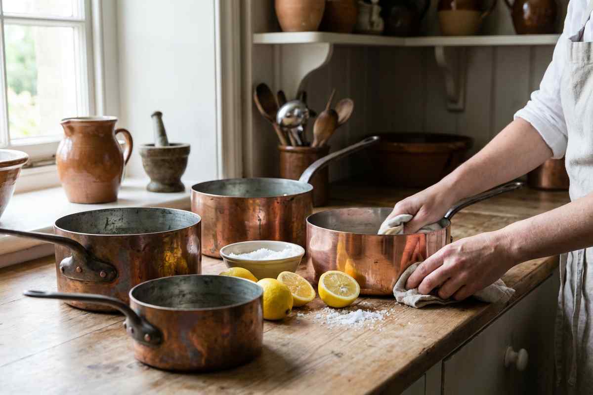 Pentola di rame opaca prima del trattamento di pulizia