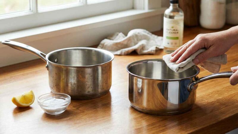 Pentola in acciaio opaca su un piano di lavoro in cucina