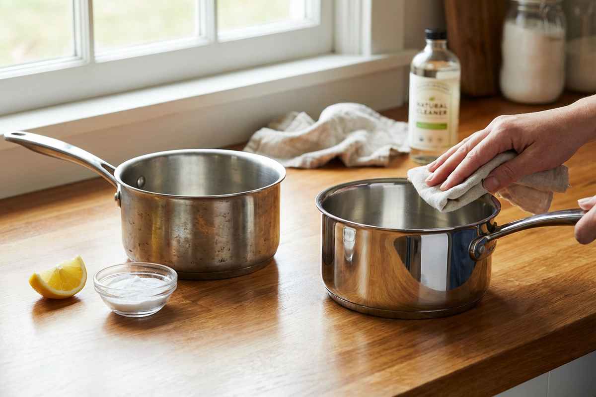 Pentola in acciaio opaca su un piano di lavoro in cucina