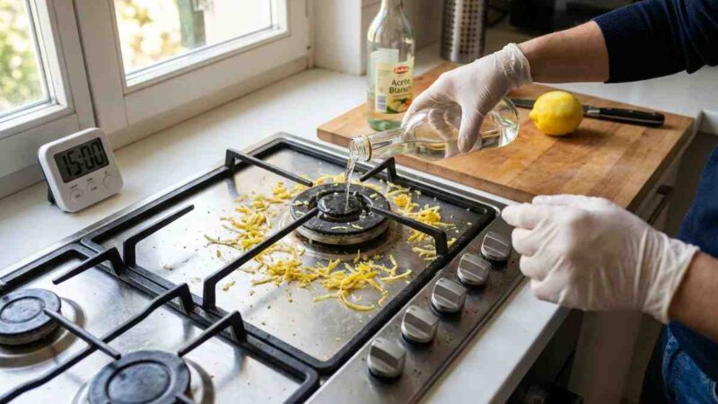 Miscela di aceto e scorza di limone su un fornello da cucina.