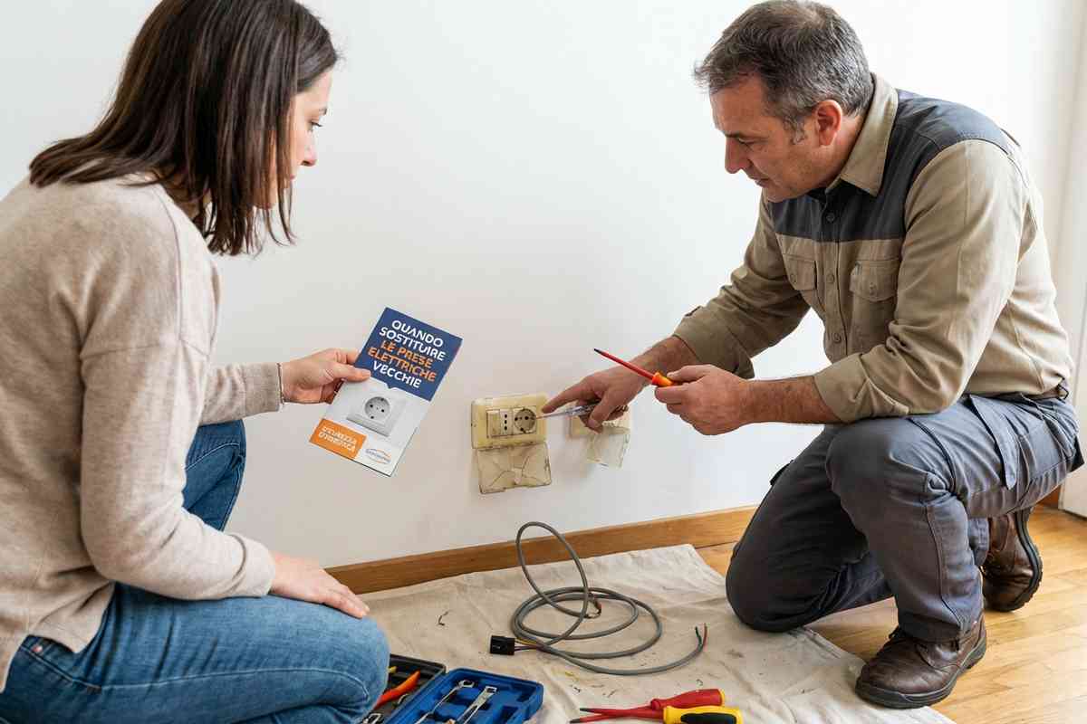 Vecchia presa elettrica con segni di usura e fili esposti