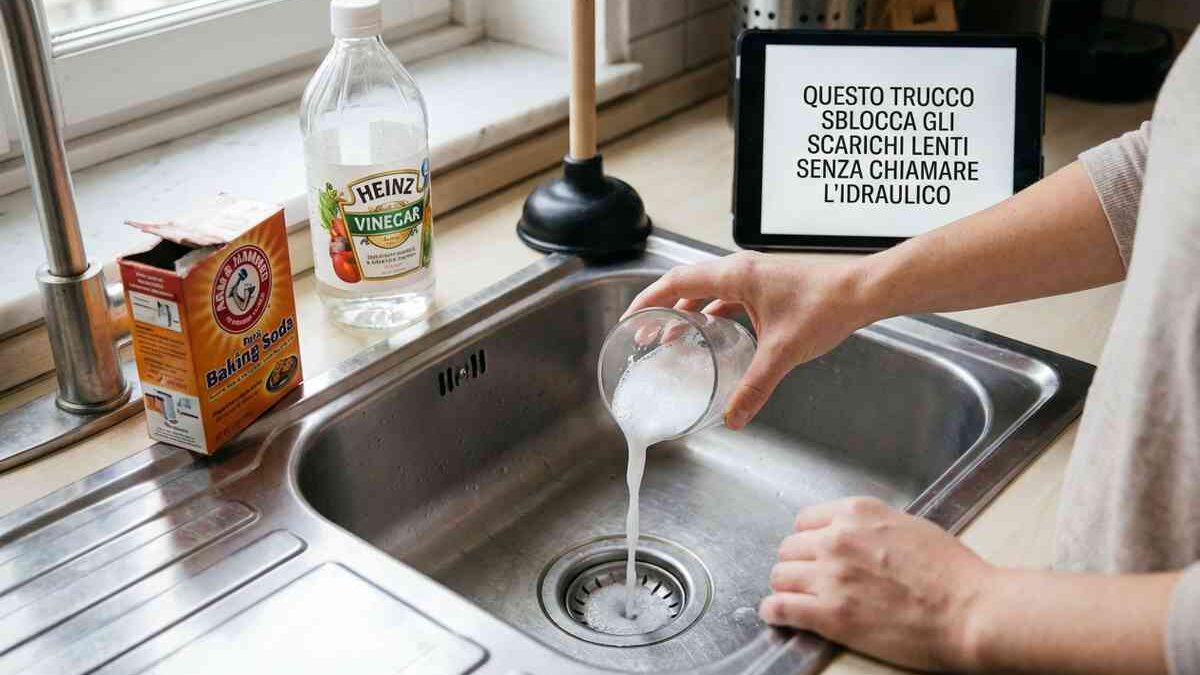 Una mano versa bicarbonato di sodio in un lavandino della cucina.