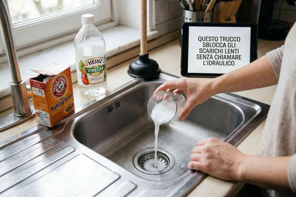 Una mano versa bicarbonato di sodio in un lavandino della cucina.