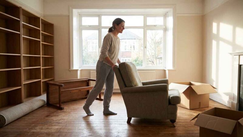 Una stanza luminosa con mobili riorganizzati in modo creativo.