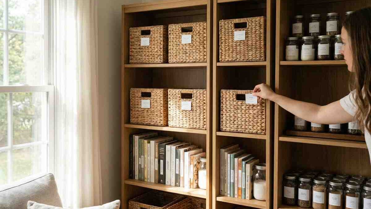 Scaffali organizzati con libri e oggetti decorativi in armonia.