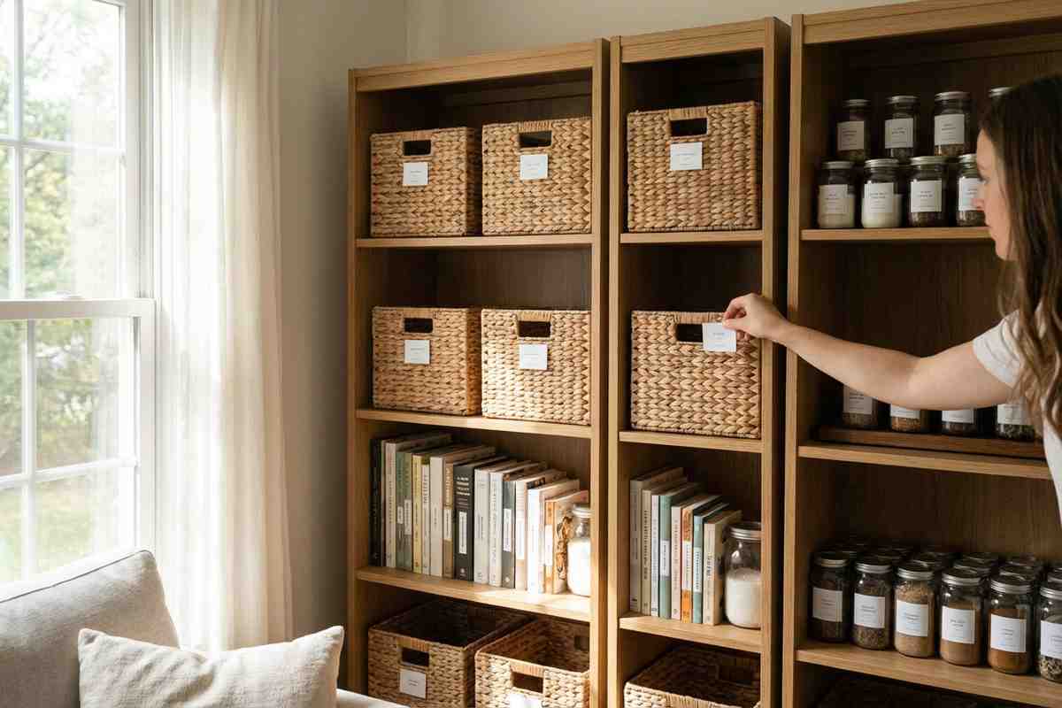 Scaffali organizzati con libri e oggetti decorativi in armonia.