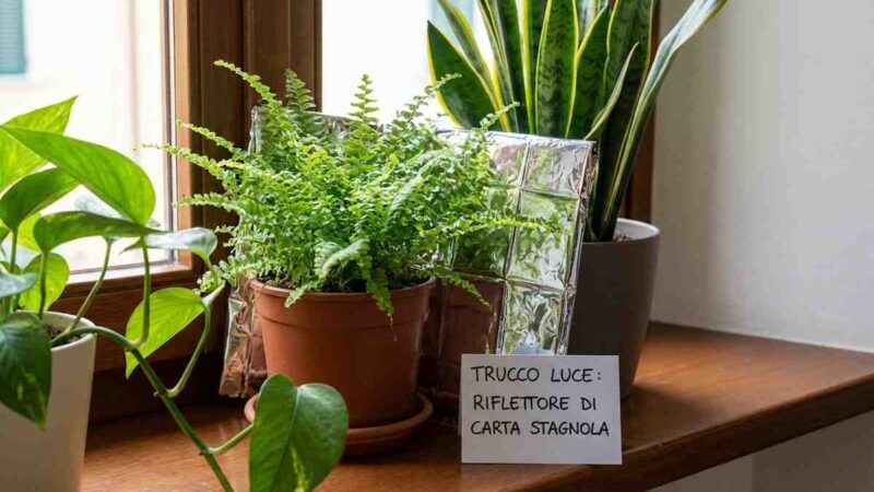 Pianta da interno verde rigogliosa in un angolo ombreggiato di una stanza.