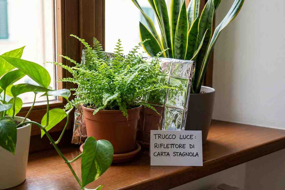 Pianta da interno verde rigogliosa in un angolo ombreggiato di una stanza.
