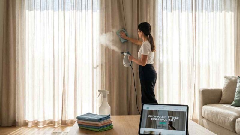 Donna pulisce tende con aspirapolvere senza smontarle