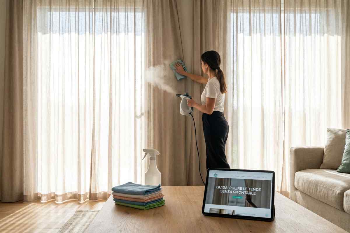 Donna pulisce tende con aspirapolvere senza smontarle