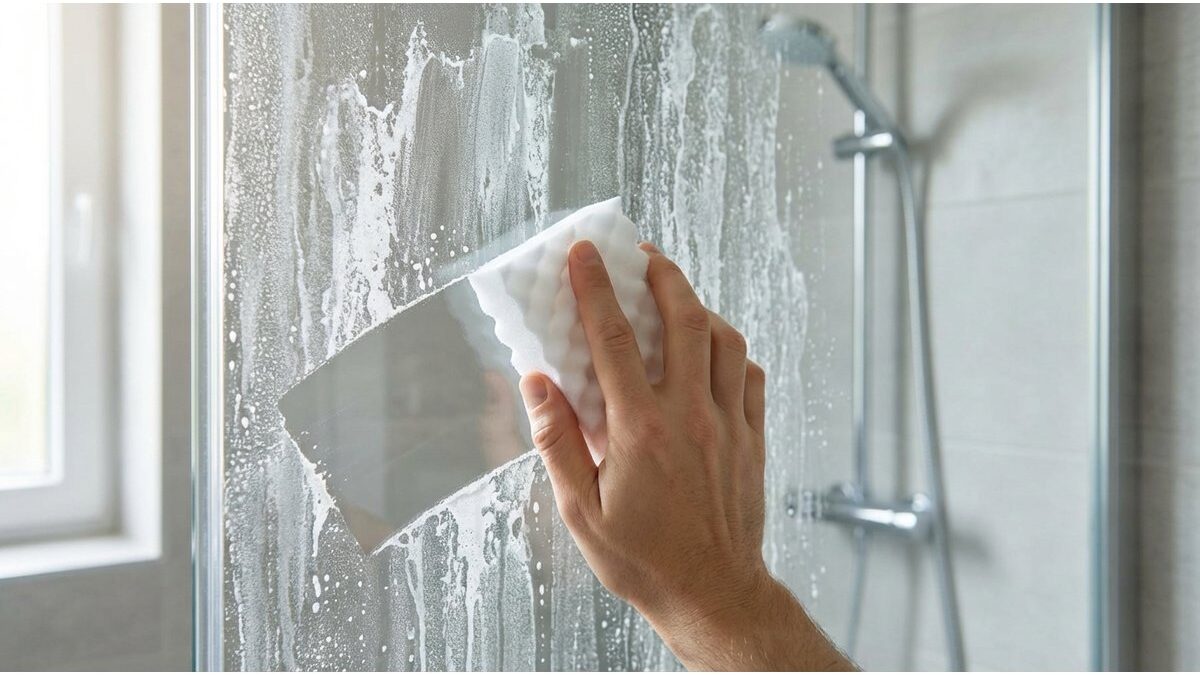 Box doccia con macchie di calcare visibili sulle superfici.