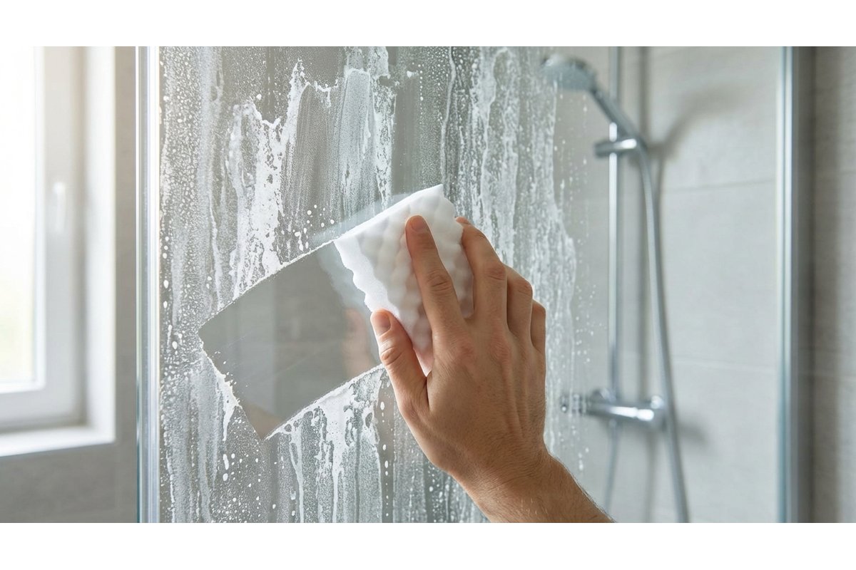 Box doccia con macchie di calcare visibili sulle superfici.